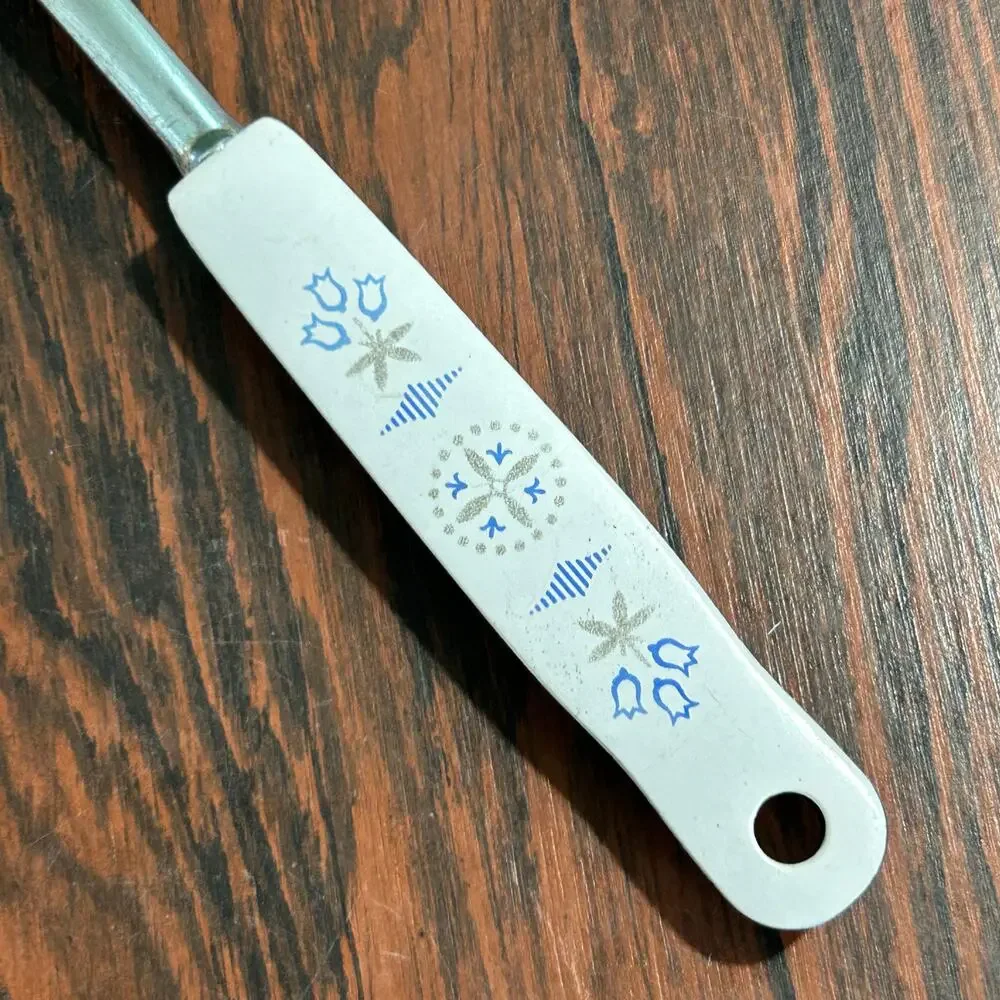 Vintage EKCO Carving Fork – White & Black Handle with Blue Folk Art Design